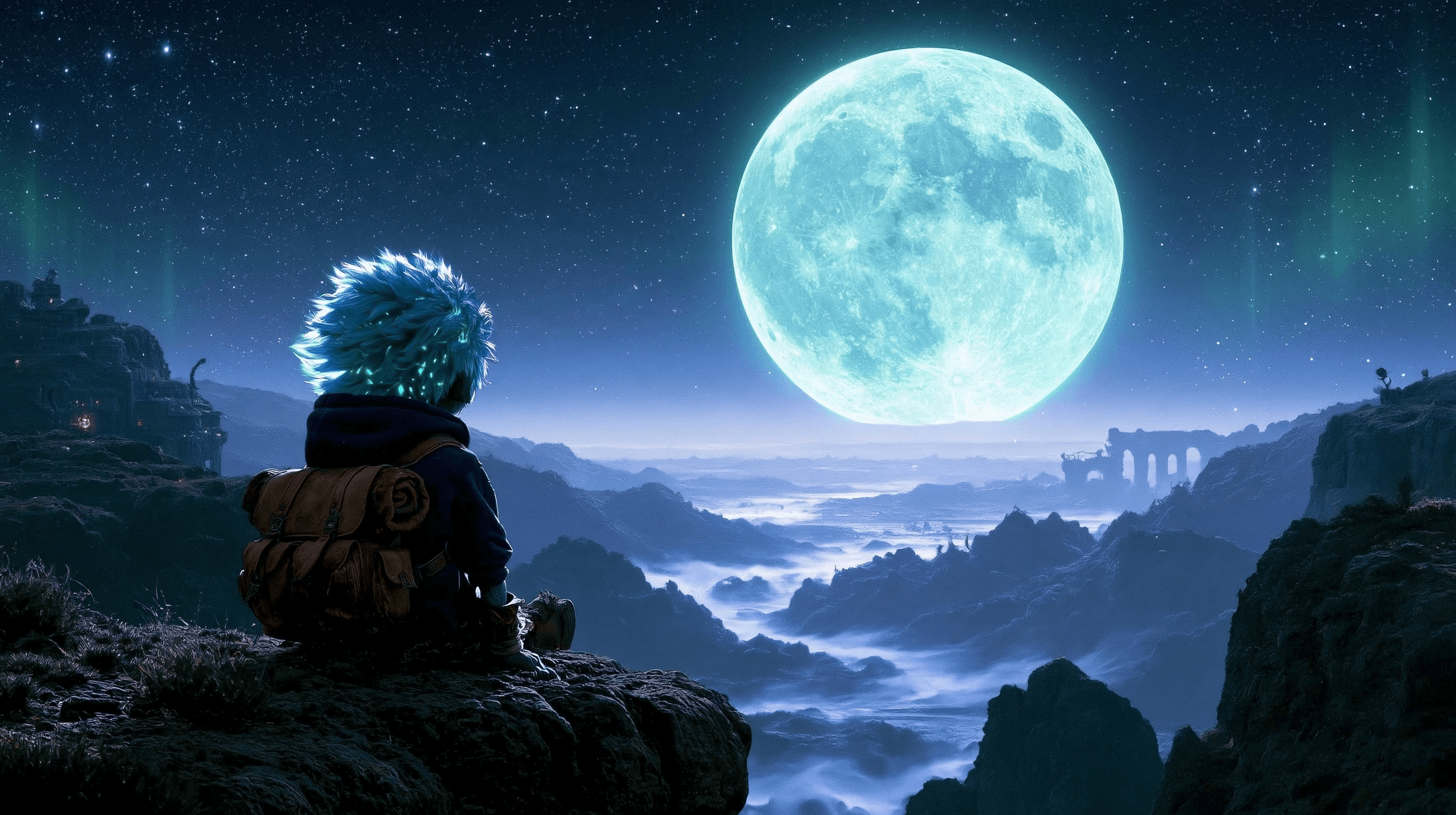 Tolly The Troll in a misty pre-dawn valley, deep blue tones, the world still quiet before sunrise