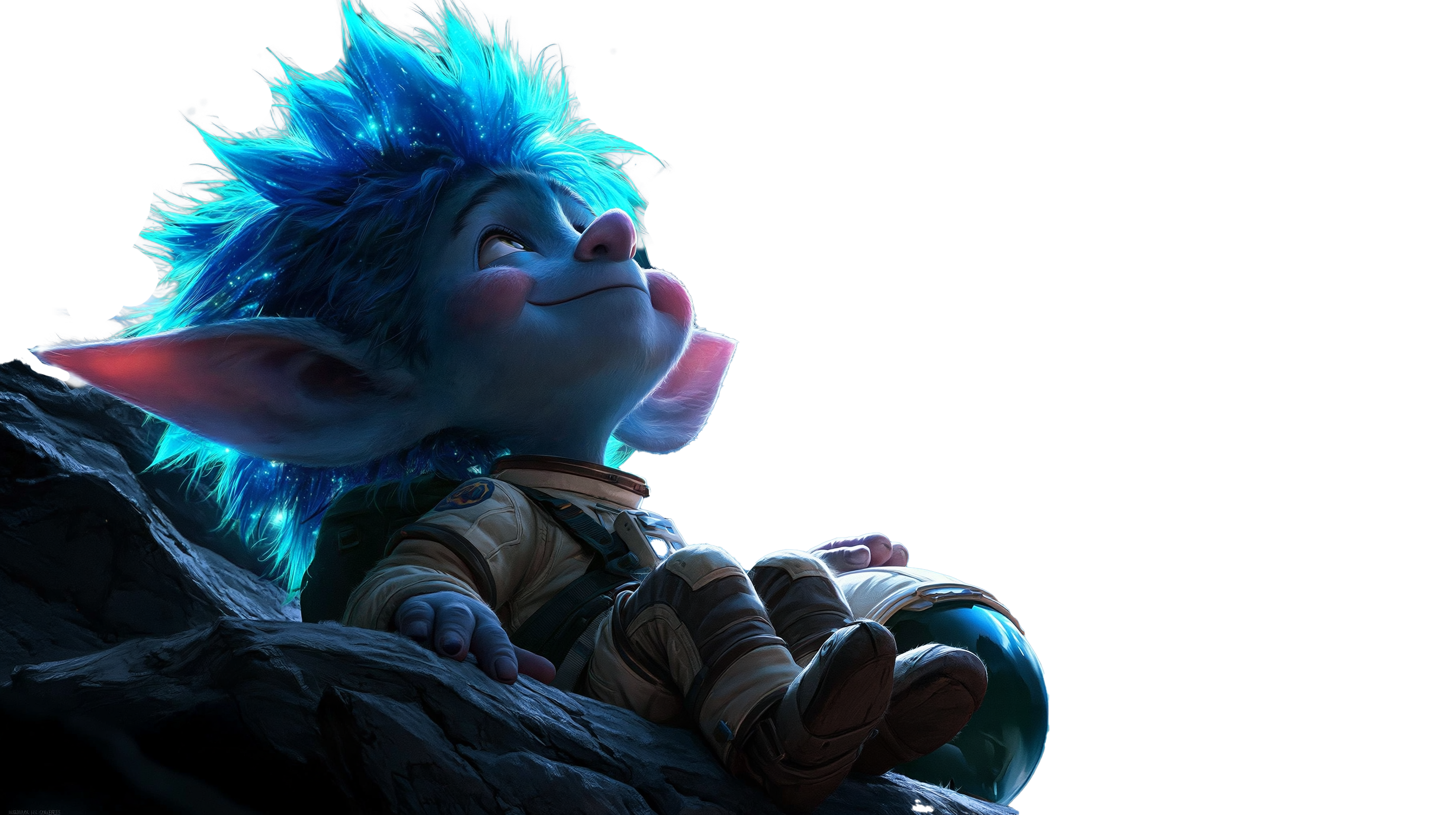 Tolly The Troll in a spacesuit lying on moon rocks, gazing up