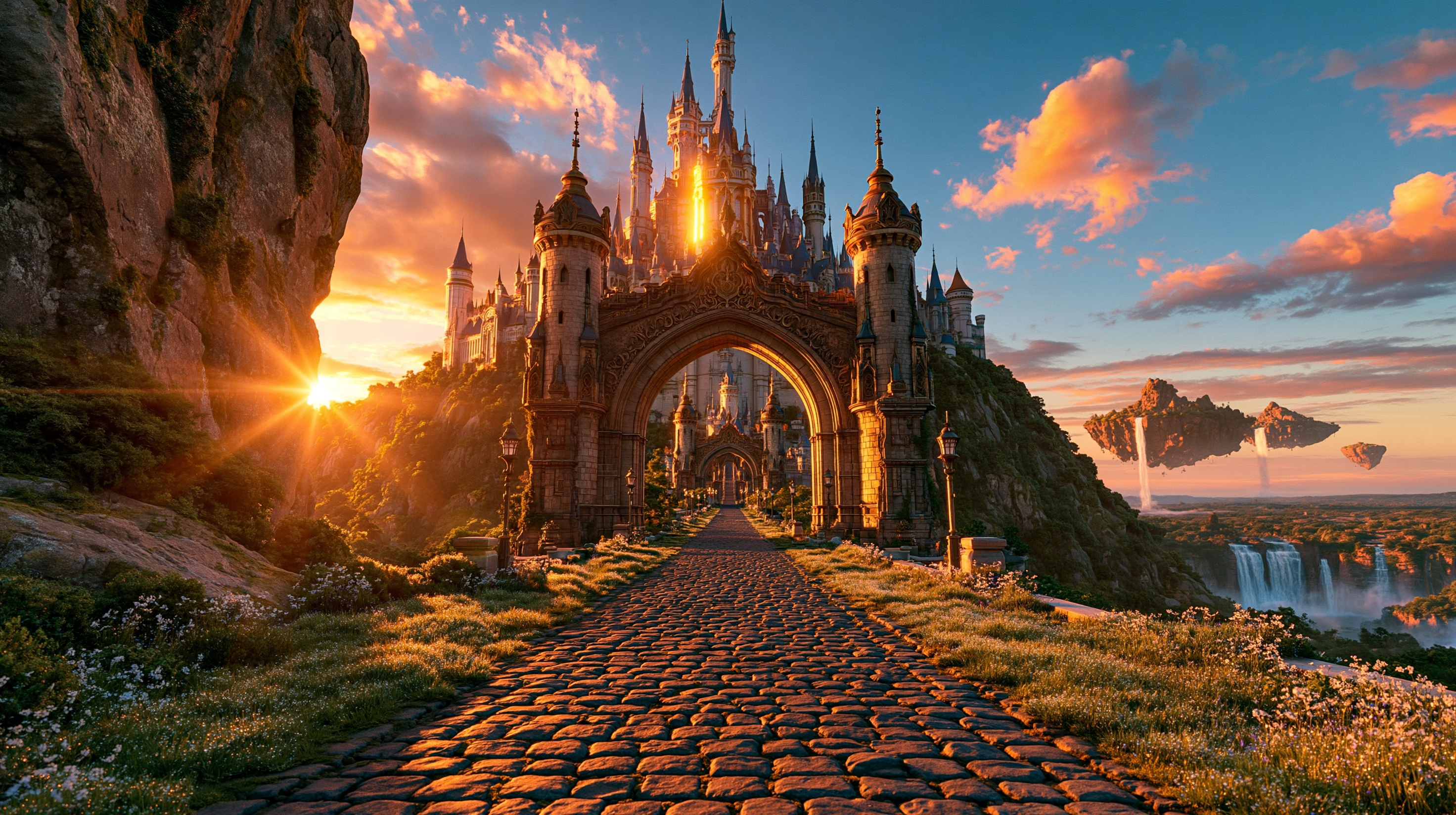 Golden dawn sky with the sun rising above a distant castle