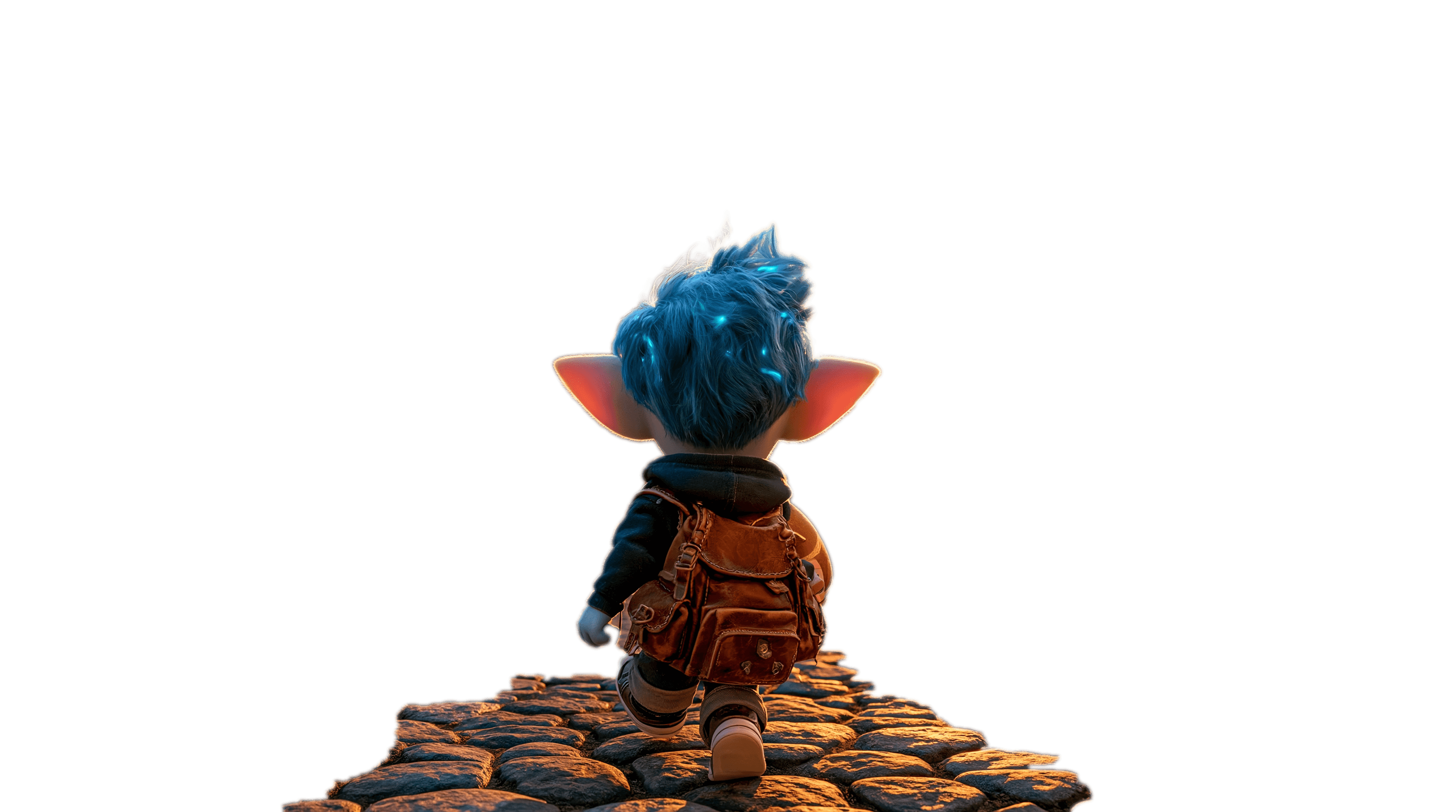 Tolly The Troll seen from behind, walking toward the bridge