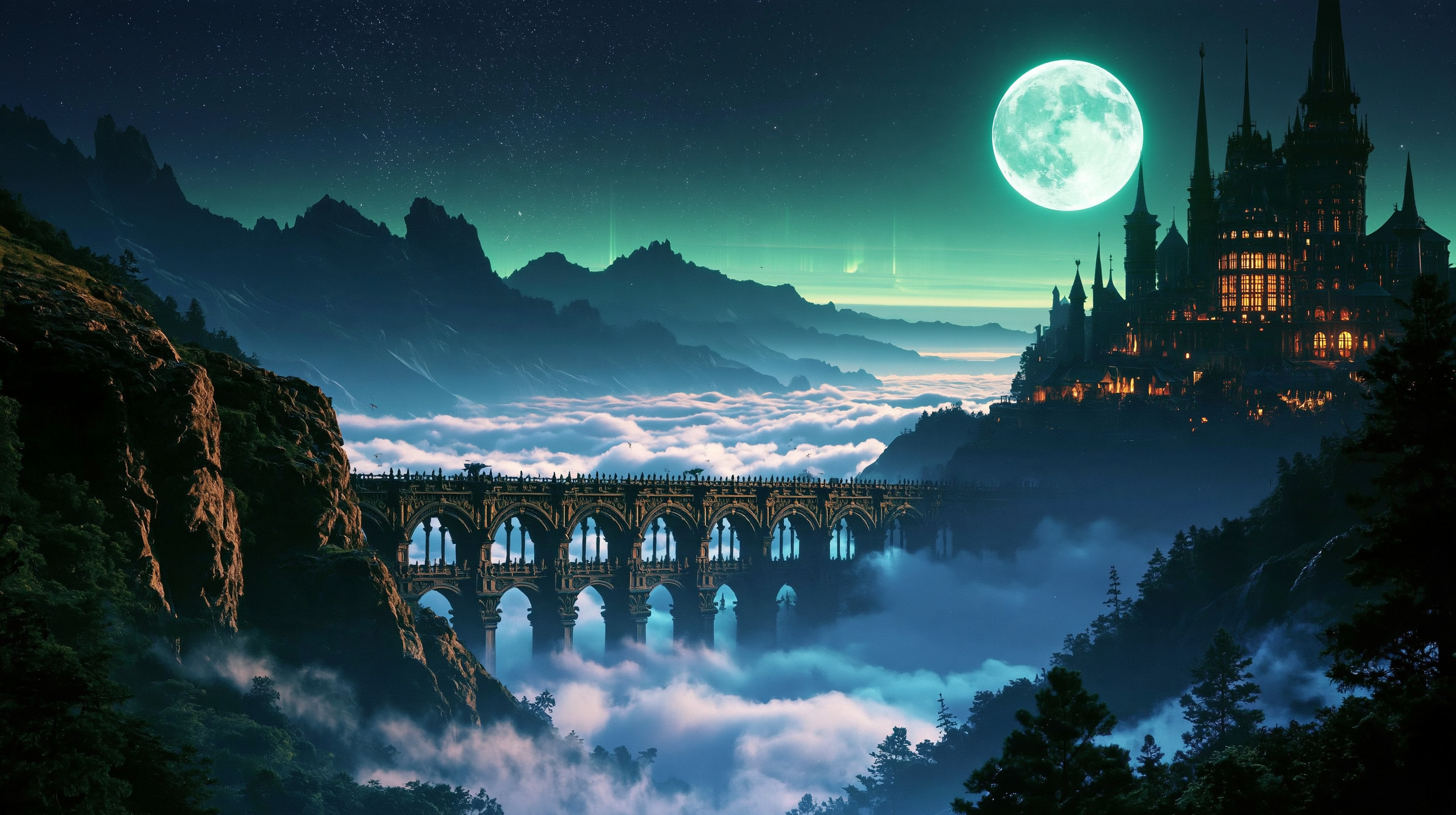 Night fantasy landscape with bridge, castle and moon