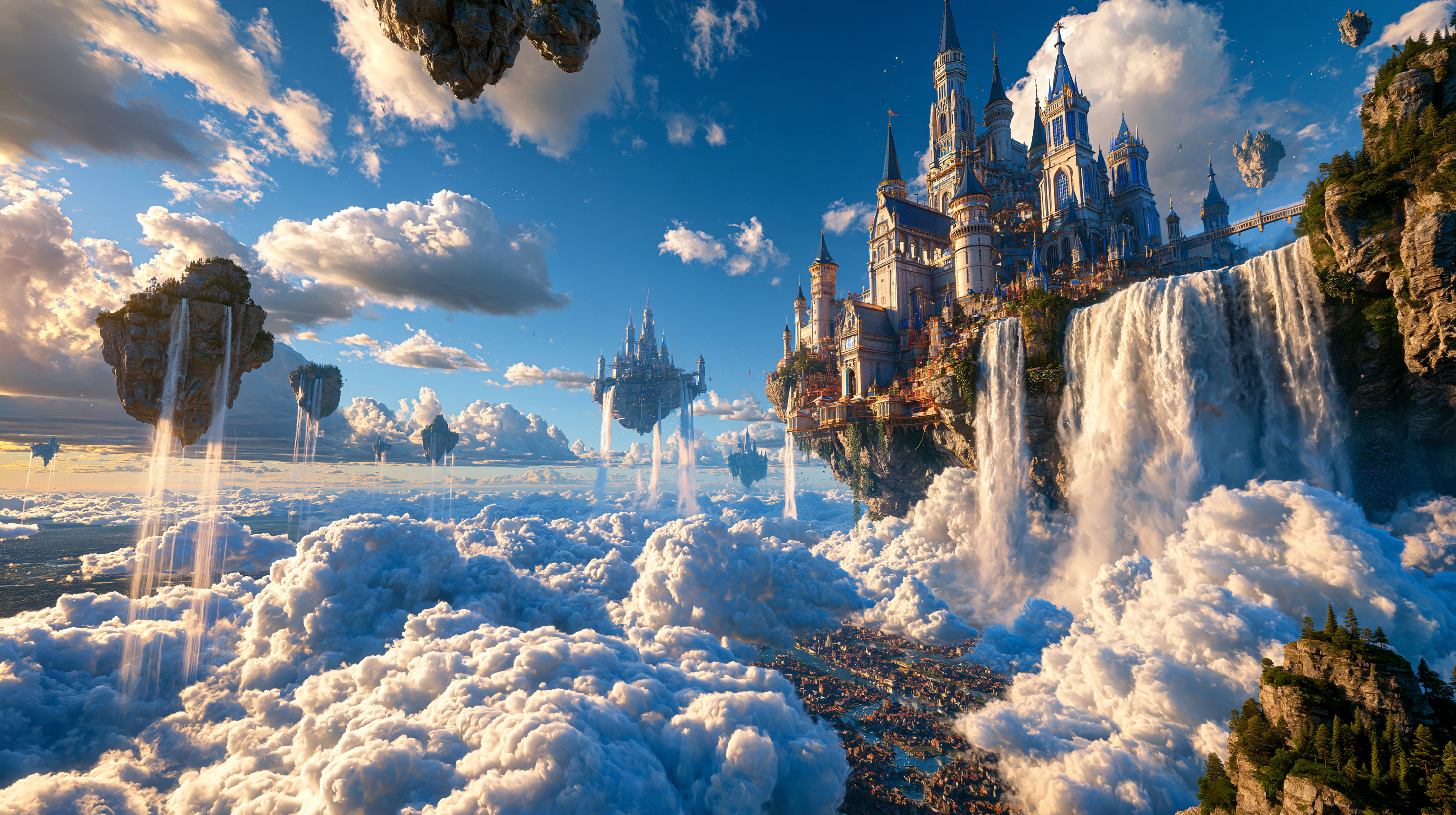 Bright fantasy day landscape with floating islands and castle