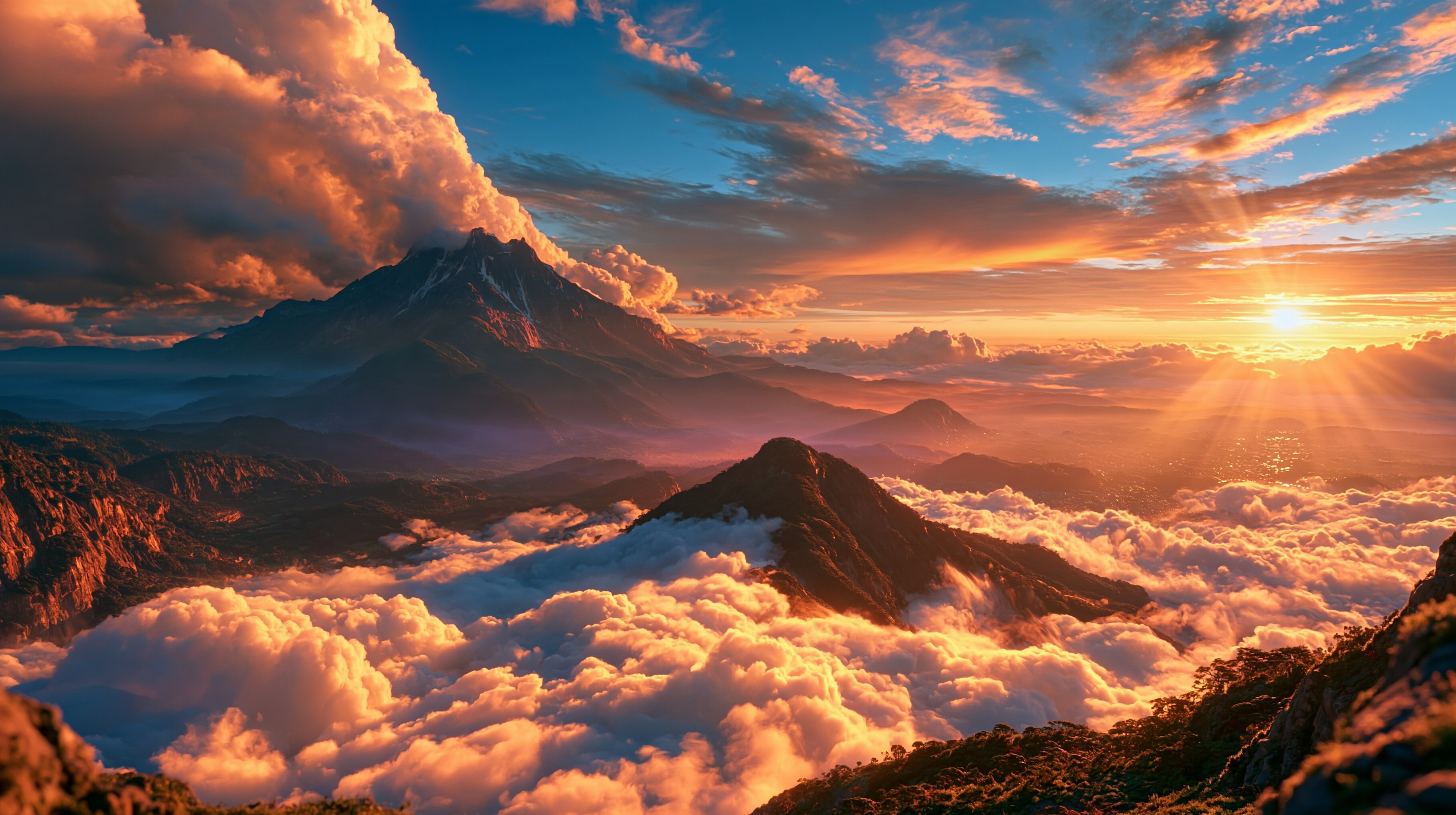 Golden sunrise fantasy landscape with mountains and clouds