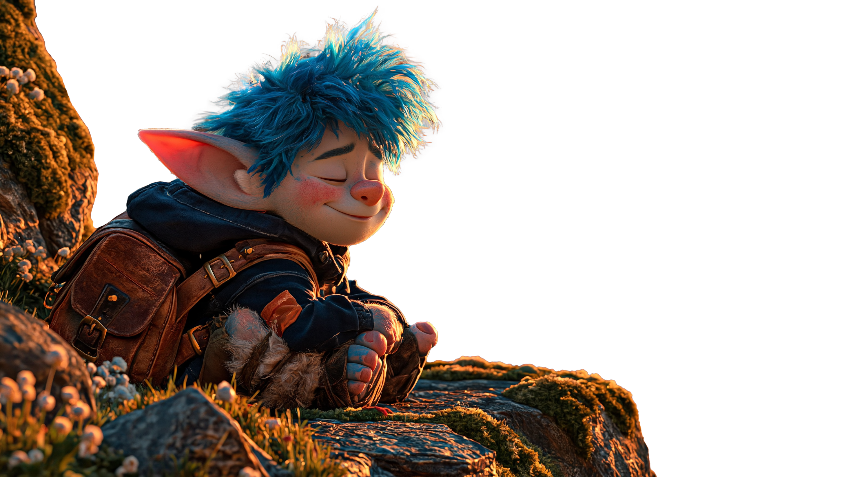 Tolly The Troll sitting on a summit at golden sunrise